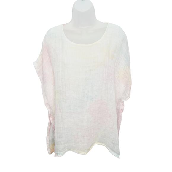 Pure Jill Linen Artisanal Multi Color Pastel Short Sleeve Women's Poncho Top M/L - Picture 1 of 12